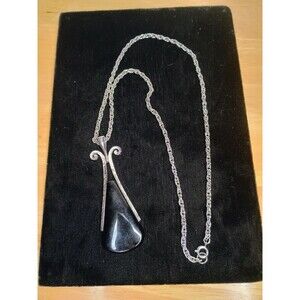 Vintage 1974 Avon Necklace Ebony Teardrop Pendant Black Etch Silver Tone Chain